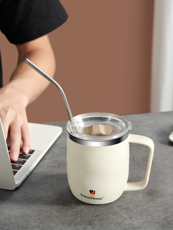1pc 480ml Stainless Steel Coffee Mug With Straw, Letter Graphic Insulated Bottle For Desktop