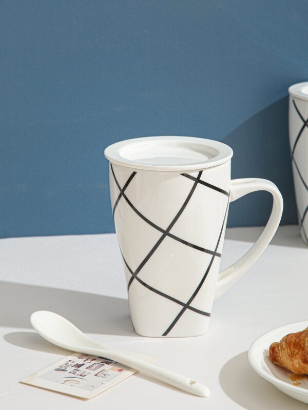 1pc Porcelain Mug With Spoon, Modern Plaid Pattern Coffee Cup For Office, Home